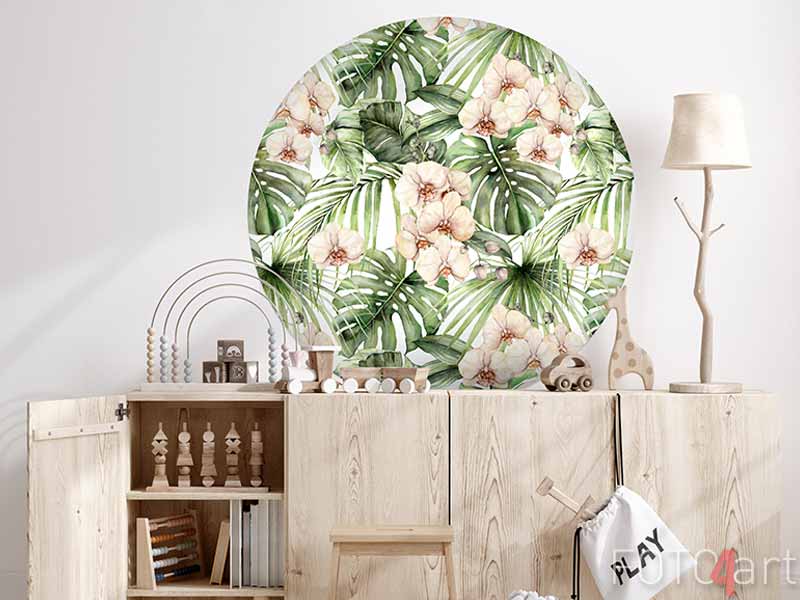 Behangcirkel Aquarel naadloze patroon met jungle palmbladeren en orchideeën